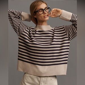 Maeve by Anthropologie Carys Mock Neck Sweater Navy and Cream Stripes Large